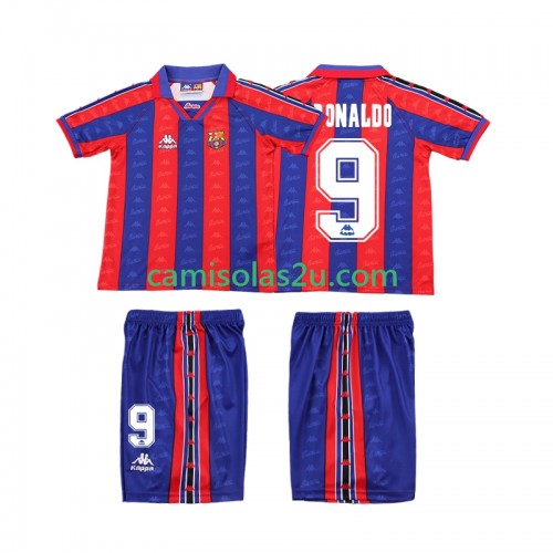Camisolas de futebol FC Barcelona Ronaldo Retro Criança Equipamento Principal 1996 1997 Manga Curta Camisolas de futebol FC Barcelona Ronaldo Retro Criança Equipamento Principal 1996 1997 Manga Curta